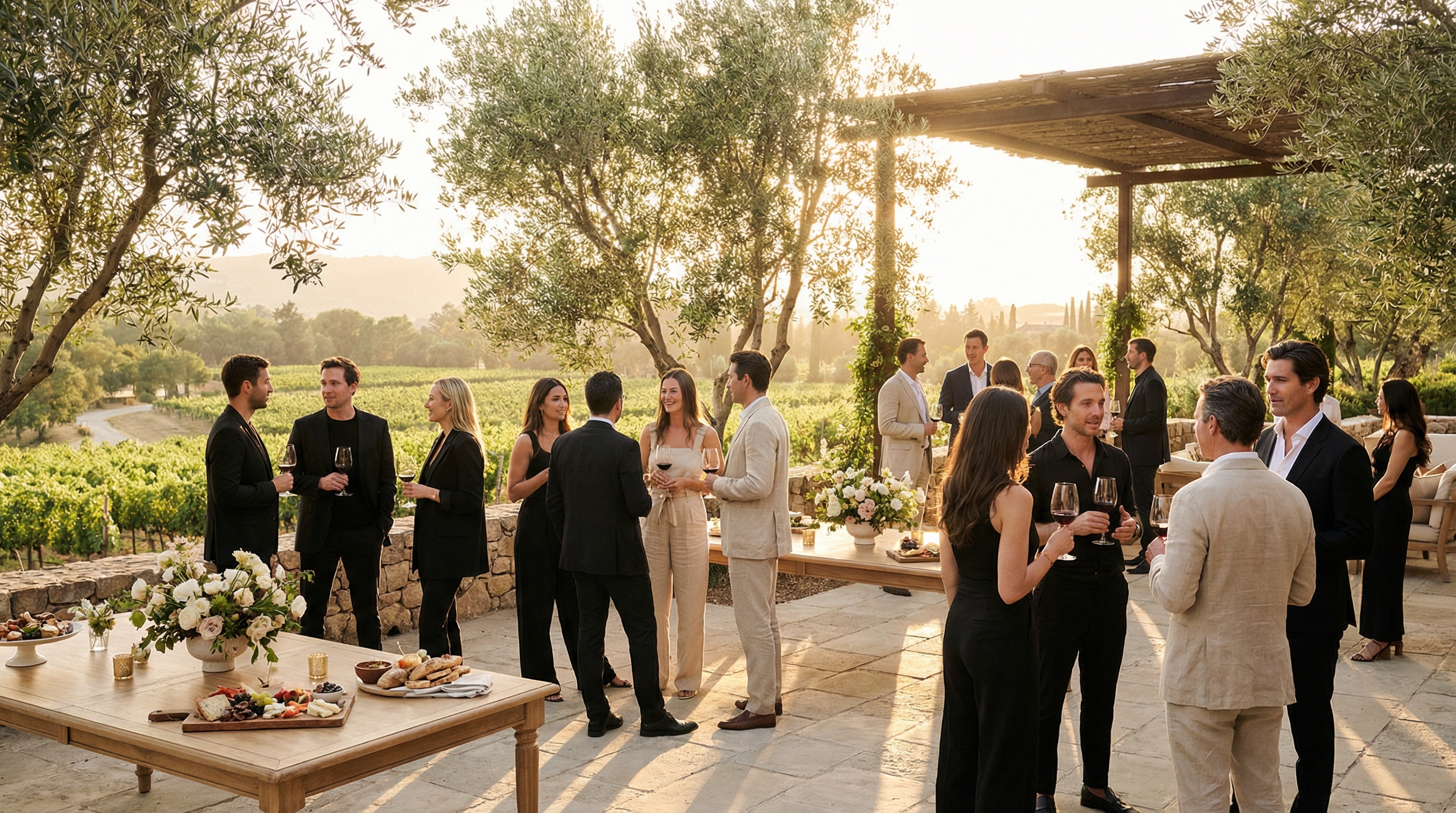 Encuentro premium al atardecer en un viñedo con invitados vestidos de manera elegante