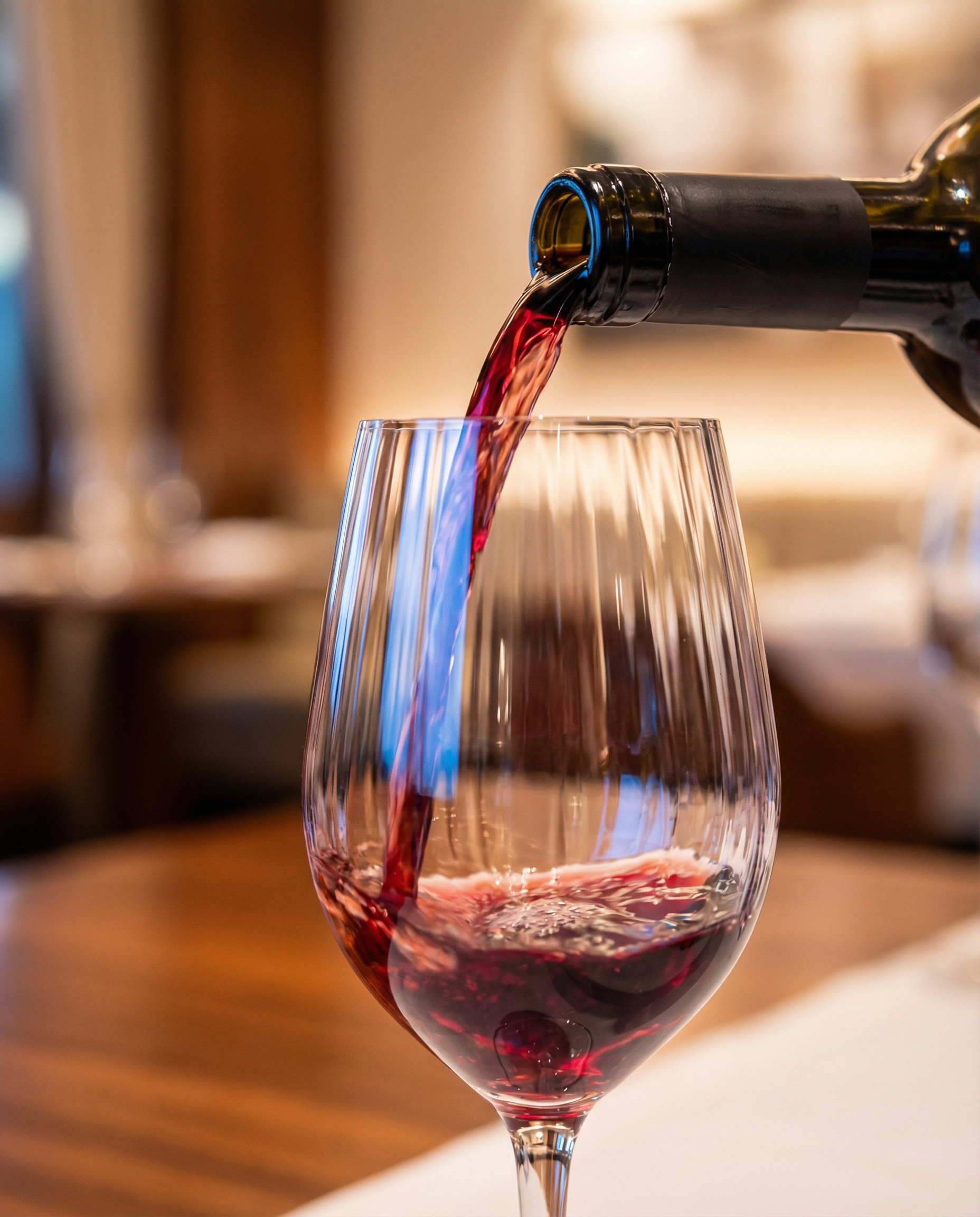 Vino siendo servido en una copa de cristal en close-up editorial