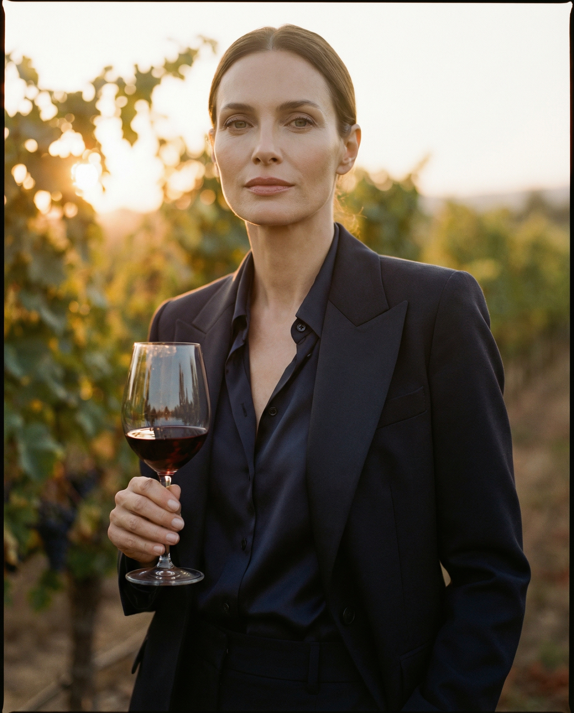 Mujer en styling editorial sosteniendo una copa de vino en un viñedo al atardecer