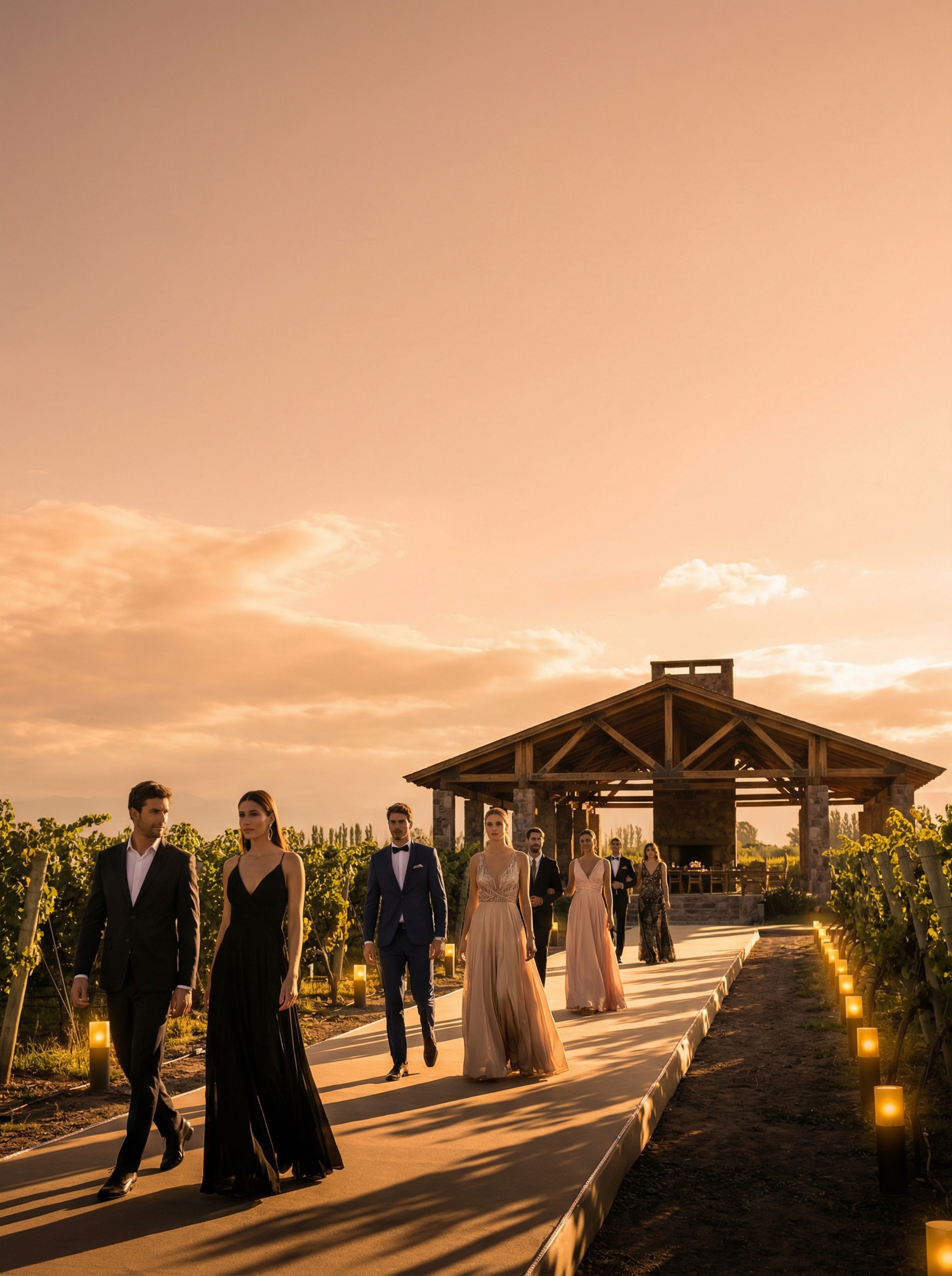 Invitados caminando entre viñedos al atardecer en una escena editorial de lujo